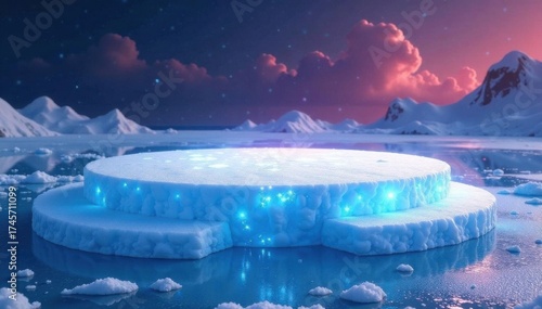 Shimmering ice platform, snow drifts, soft lights , lights, scene, picturesque
