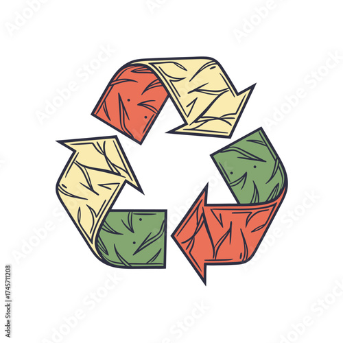Hand drawn recycling symbol with leaves pattern vector illustration