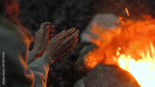 Close-up of a woman warming her hands by a fire at dusk