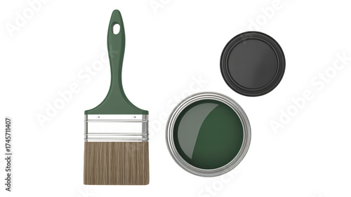 Professional paint brush and open can of deep green paint ready for home renovation projects and DIY decorating