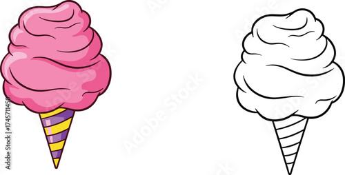 Colorful cotton candy vector, pink sugar dessert illustration, sweet treat icon, carnival food drawing, coloring page, fun design, dessert art