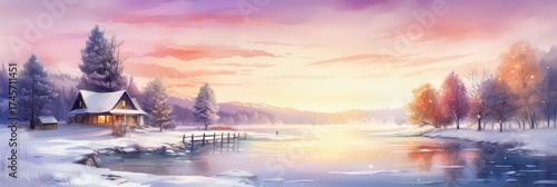Minimalistic winter panoramic landscape with copy spaces, illustration in watercolor style. Christmas winter card.
