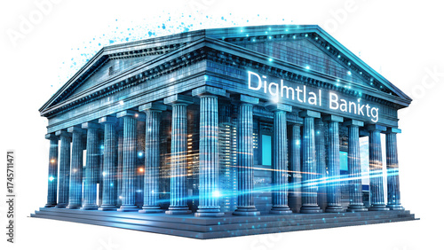 Digital bank building isolated on transparent background, representing modern financial institution and technology