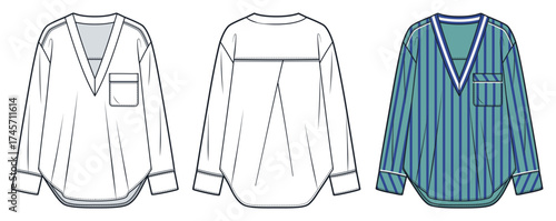 V-neck long sleeve Blouse with chest pocket fashion flat sketch. Pajamas Shirt fashion flat technical drawing template, front and back view, white, blue, women, men, unisex CAD mockup.