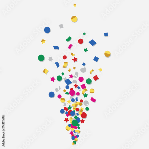 A vibrant cascade of colorful confetti and streamers erupts upwards against a clean white background, celebrating a joyful event