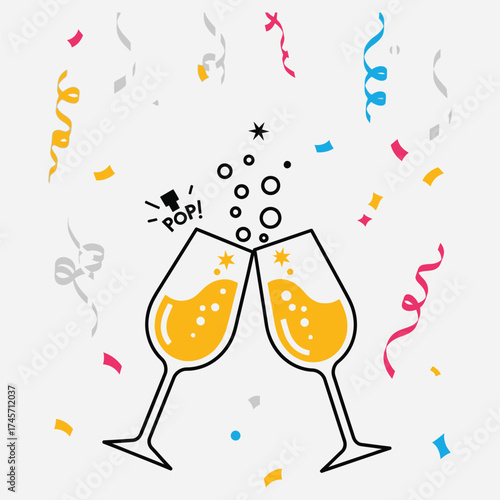 Celebration Cheers Two champagne glasses clinking with confetti and streamers, representing joy and good times