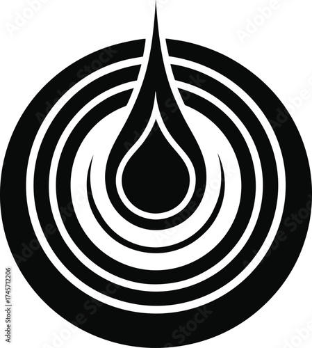 Abstract black and white circular ripple effect with a droplet shape in the center silhouette isolated on white background isolated on transparent background