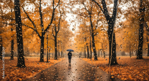 Person walking with umbrella through autumn park on rainy day  