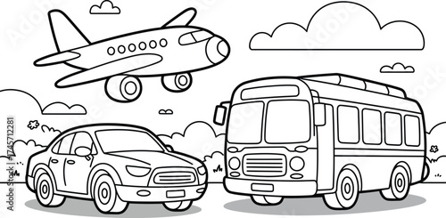 Cartoon set of transportation vector icons showing a passenger plane, bus, car, and truck silhouettes