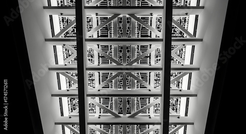 Abstract view of a white structure with geometric patterns illuminated from below in monochrome style