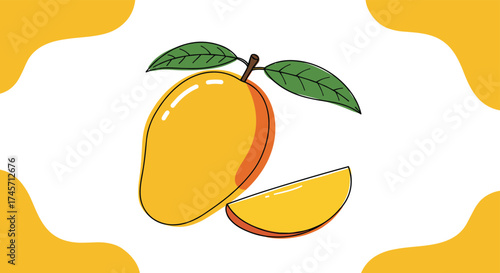Wallpaper Mural Hand-drawn ripe yellow mango fruit with green leaves and a slice, on a white background with wavy orange borders, tropical, sweet, summer, juice, illustration

 Torontodigital.ca