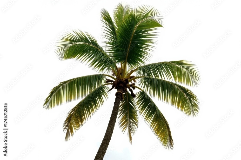 Obraz premium Tall coconut palm tree, lush green fronds, isolated on white background , white background, vacation, clipping path