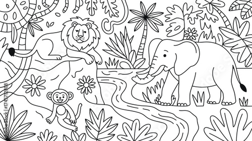 Cartoon outline vector seamless pattern with funny elephants and flowers for children's coloring book design