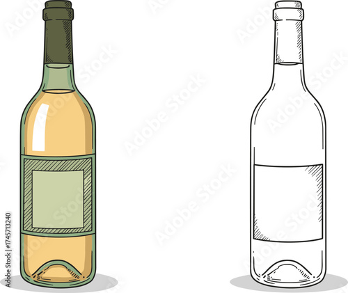 Wallpaper Mural  Hand-drawn illustration of a classic wine bottle, filled with white or yellow liquid, featuring a blank label for branding, ideal for design templates, engraving, vintage, alcohol, beverage

 Torontodigital.ca