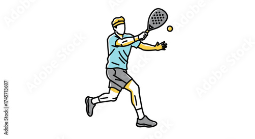 Illustration of a man playing padel, swinging his racket to hit the ball.