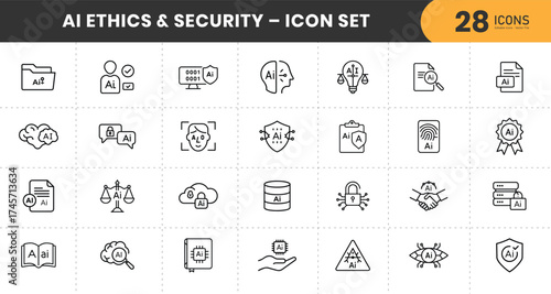  Artificial Intelligence (AI) Ethics, Security, and Governance Icon Set. Line icons for Data Protection, Privacy, Compliance, and Trust in Machine Learning Technology  with transparent Background.	


