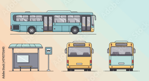 Illustration of a blue bus in profile, a bus stop, and rear views of yellow and light blue buses against a gradient background.