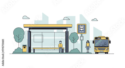 Illustration of people waiting at a bus stop in a city with a bus approaching.