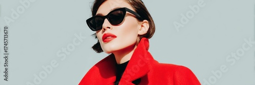Modern fashion campaign featuring a woman in a striking red overcoat and black sunglasses, showcasing contemporary style and elegance in a vibrant urban setting with copy space