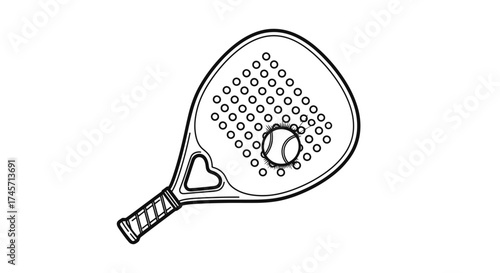 A paddle tennis racket with a ball in the center, depicted in a black and white line drawing.