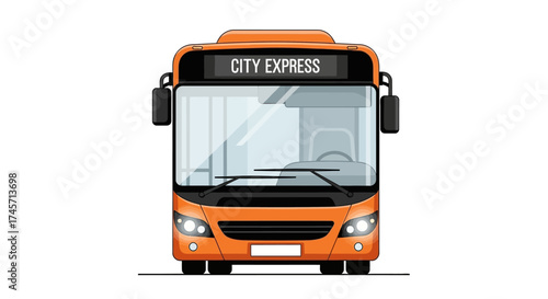 Front view of an orange city express bus with headlights on, isolated on a white background.