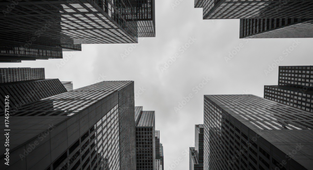 Fototapeta premium High-angle, black and white perspective of towering skyscrapers reaching for the cloudy sky