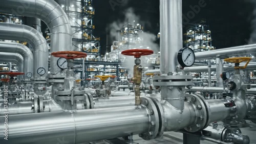 Wallpaper Mural Industrial Pipeline System with Valves and Pressure Gauges at Night Torontodigital.ca