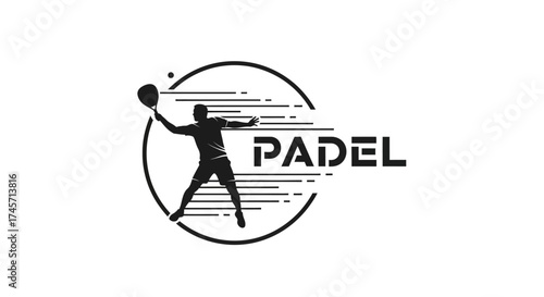 Silhouette of a padel player in action, serving the ball within a circular design.