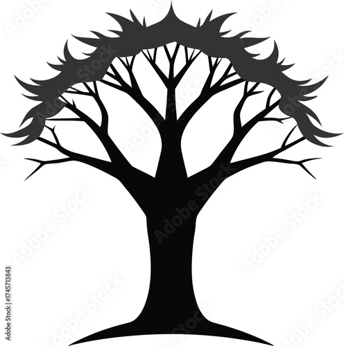 Stylized silhouette of a mature tree with spreading branches and spiky foliage isolated on white background isolated on transparent background