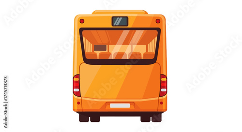 Rear view of a yellow school bus with visible seats through the back window, isolated on white.