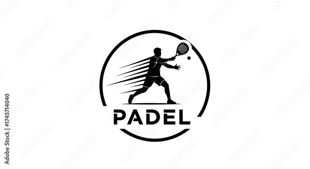 Fototapeta premium Padel player silhouette hitting a ball inside a circle, with motion lines indicating speed.