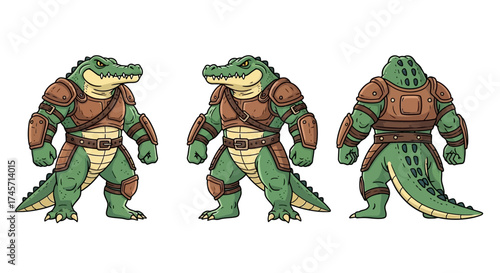 Three cartoon alligator characters in different poses, wearing brown armor, facing forward and back.