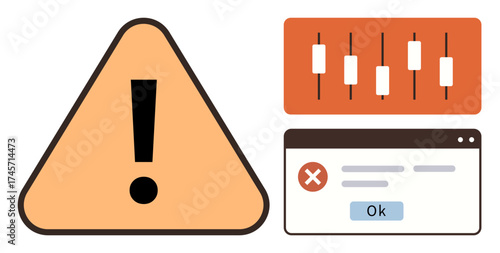 Triangle warning sign with exclamation mark, control settings interface, and error message dialog. Ideal for safety, risk management, IT errors, troubleshooting, system alerts, technical support