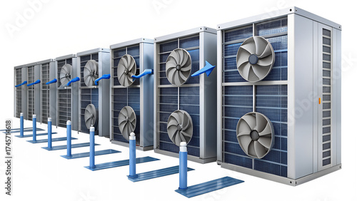 Row of air conditioning units with blue pipes isolated on transparent background for cooling and ventilation
