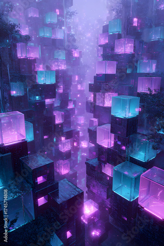 neon glitching effect with digital data fragments and purple cyan cyberpunk futuristic glow