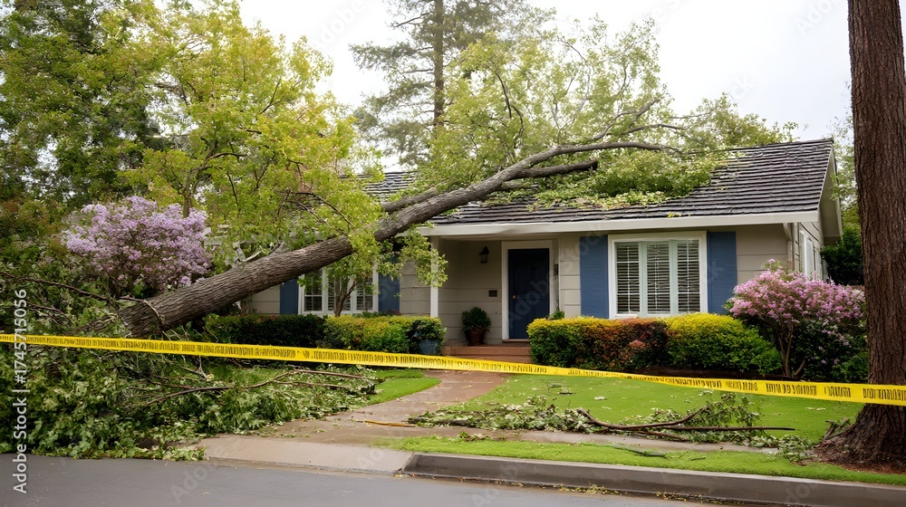 Naklejka premium Fallen tree branches surround house with caution tape indicating storm damage and safety concerns