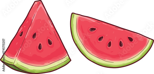 A vibrant cartoon vector illustration of two juicy watermelon slices, a fresh wedge and a sweet crescent, isolated for summer.