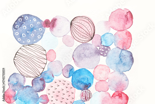 Abstract watercolor composition with vibrant circles and dots in pink, blue, and purple tones.