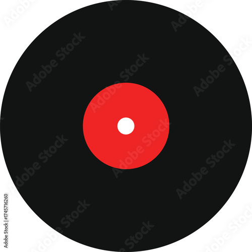  black vinyl record with red label centered on whi.eps
