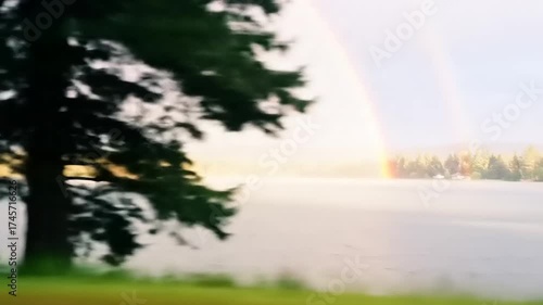 Scenic view of a rainbow over a tranquil lake