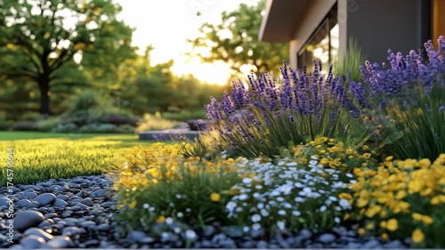 Modern house garden at sunset, with a pebble path, lush grass, and vibrant flowers