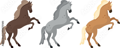 set of cartoon colored horses that are a symbol of 2026 standing on their hind hooves, for holiday sticker designs, apps or other thematic designs