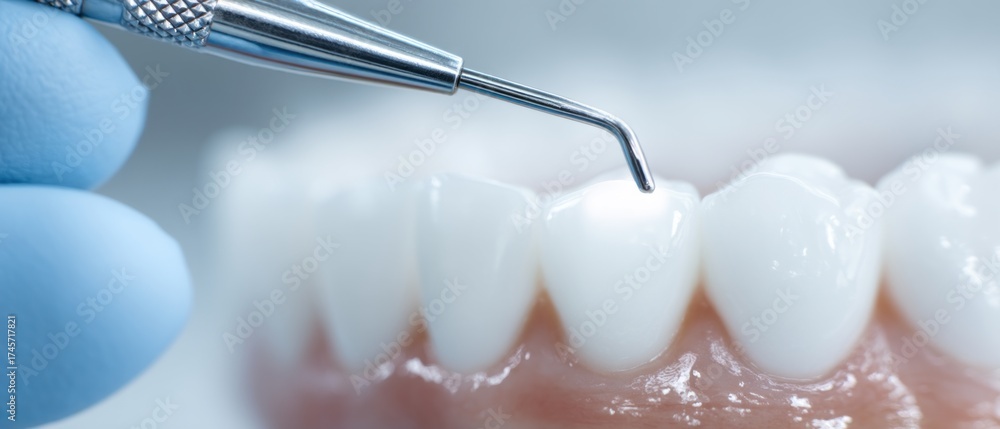 Fototapeta premium Dental probe examining teeth, close-up of dentist hand in glove with periodontal tool and white tooth model, medical background, no people
