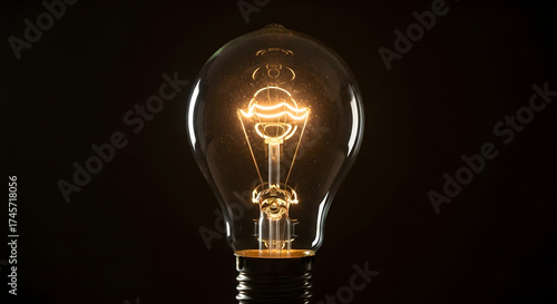 Illuminated light bulb with glowing filament on a dark background in a studio setting close up