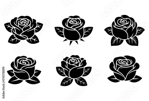 Set of Black Rose Flower Icons in a Vintage Tattoo Style