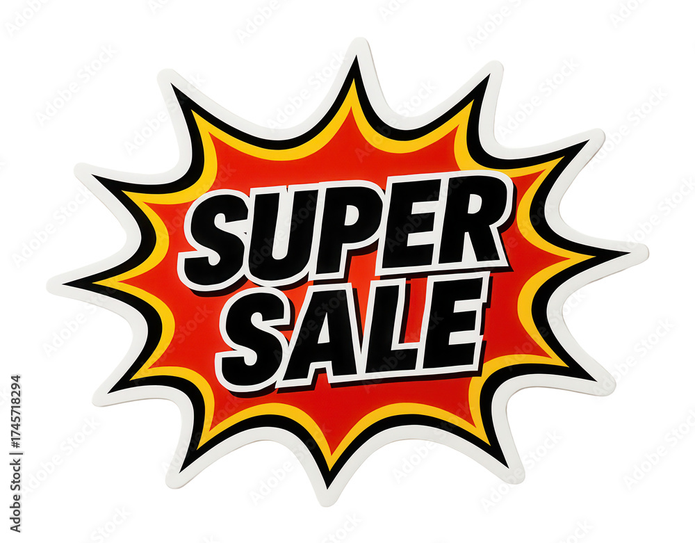 Fototapeta premium Bold burst sticker with SUPER SALE in striking typography, dynamic retail discount promo on transparent background.