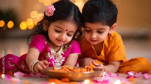 Two young children in vibrant ethnic attire share a plate of treats, surrounded by flower petals and soft, warm lighting, creating a festive atmosphere.