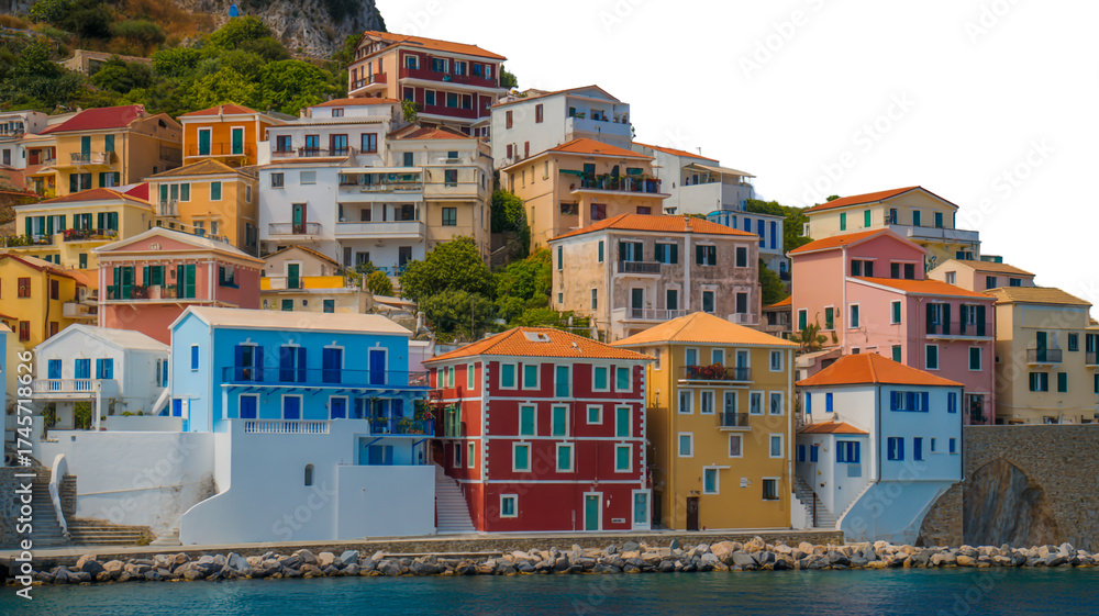 Obraz premium Vibrant coastal town, hillside of colorful Mediterranean buildings, scenic photograph