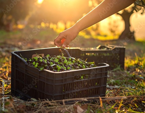 Hand picking olives in a field at sunset