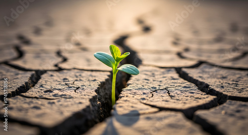 A small green plant growing out of a crack in dry cracked earth in a close up shot with shallow depth